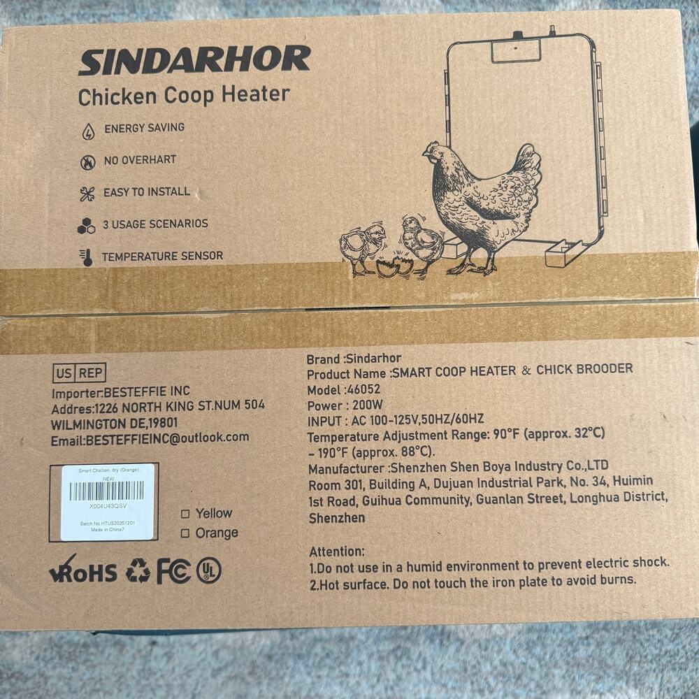Sindarhor 200W Chicken Coop Heater Chick Brooder Temperature Sensor Model 46052